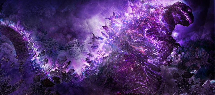 Shin Godzilla Concept Art Featuring Purple Energy and Destructive Power HD wallpaper