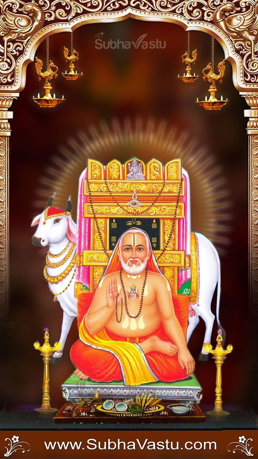 Raghavendra Swamy seated in meditation with sacred white bull and ornate golden temple arch HD phone wallpaper
