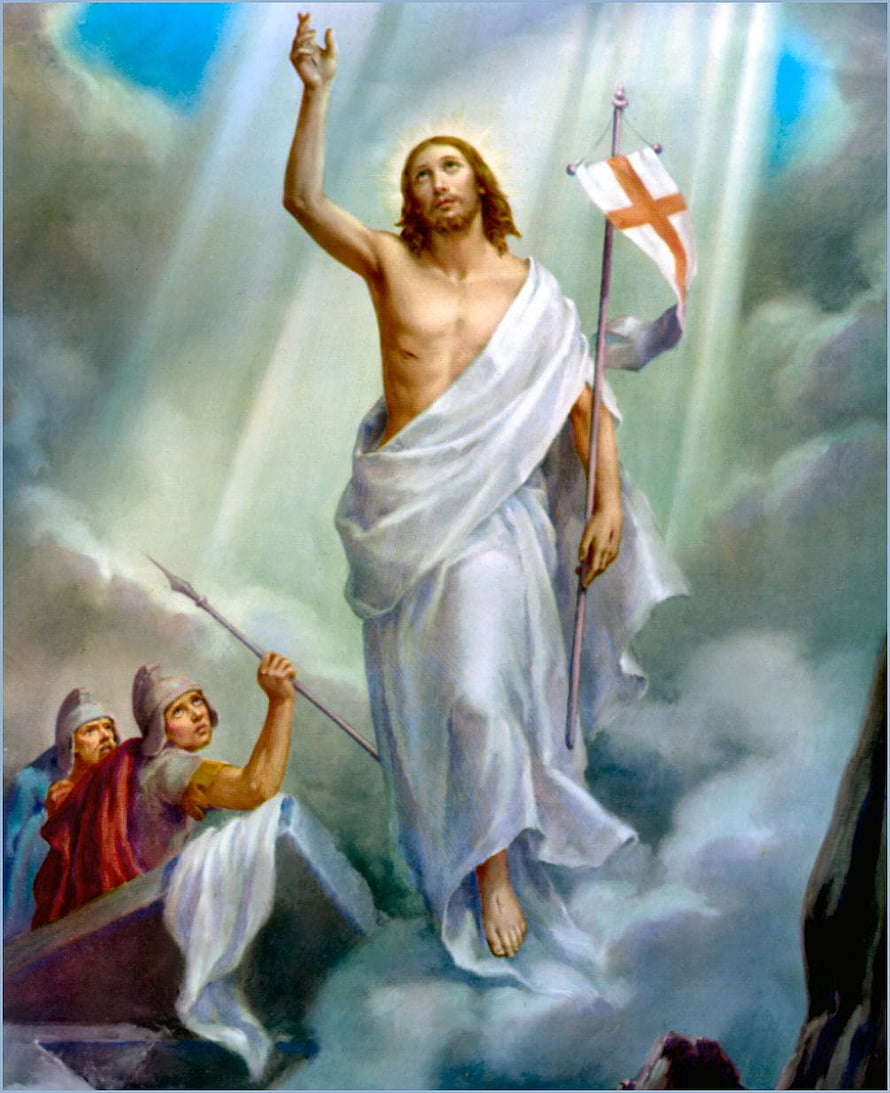 Jesus Christ Resurrection Artwork with Soldiers and Banner in Clouds HD phone wallpaper