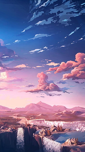 Dreamy Anime Landscape with Waterfalls, Mountains, and a Sparkling River at Dusk HD phone wallpaper