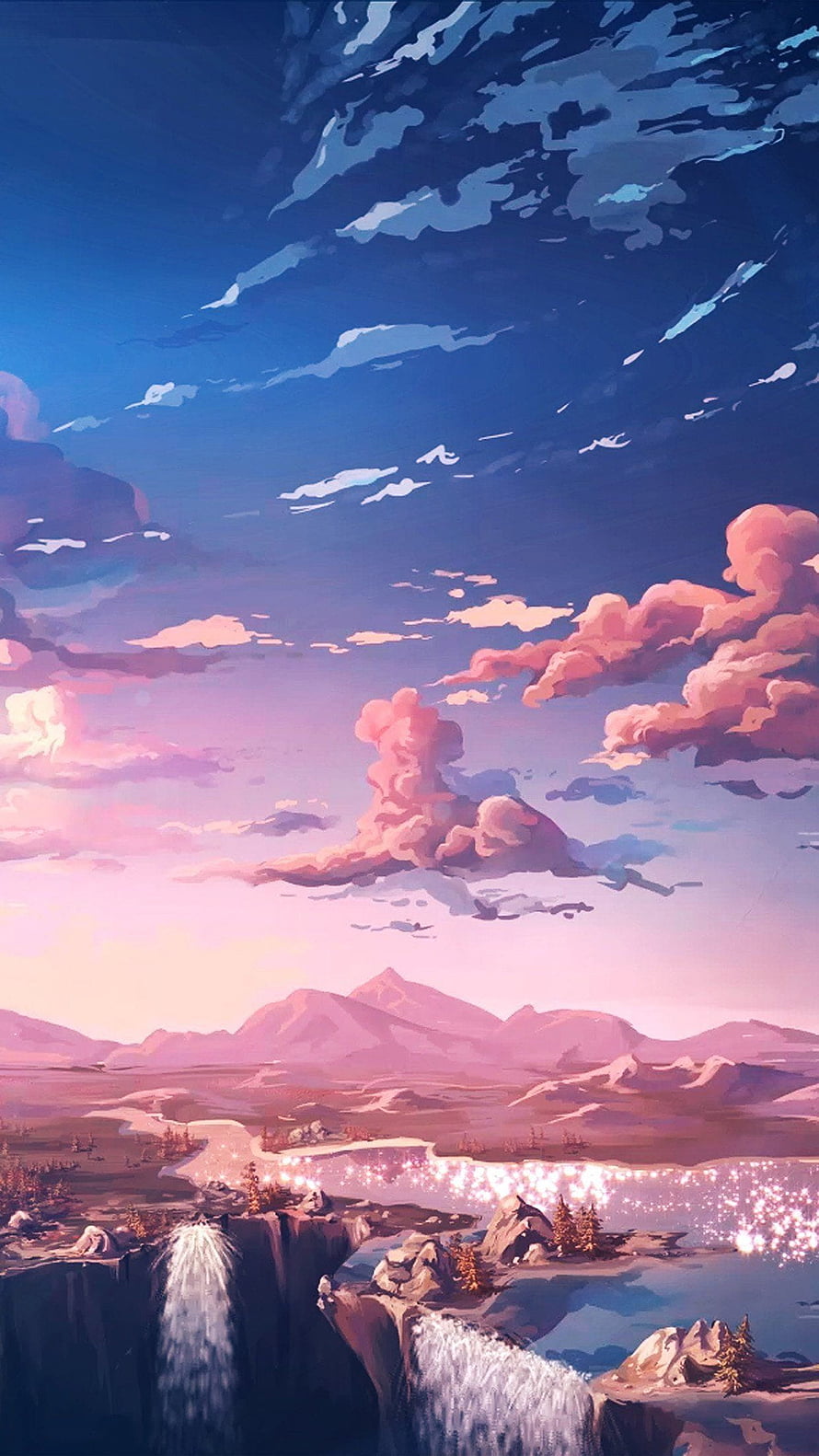 Dreamy Anime Landscape with Waterfalls, Mountains, and a Sparkling River at Dusk HD phone wallpaper