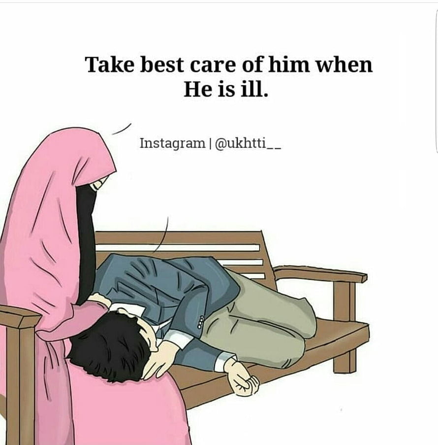 Muslim couple illustration showing a man resting his head on a woman's lap on a wooden bench HD phone wallpaper