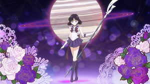 Sailor Saturn Hotaru Tomoe Anime Character with Staff and Purple Roses HD wallpaper