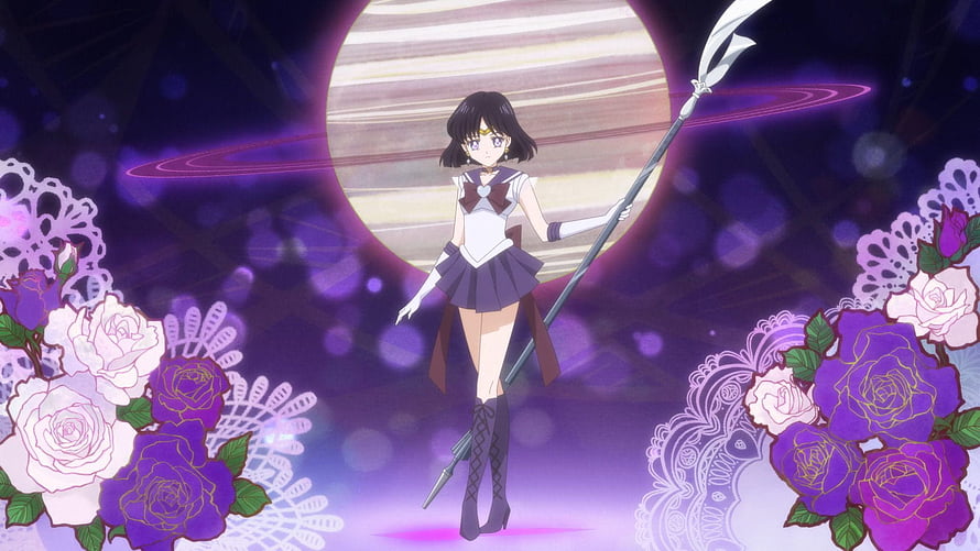 Sailor Saturn Hotaru Tomoe Anime Character with Staff and Purple Roses HD wallpaper