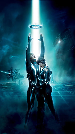 Tron Legacy Characters Reaching Toward Glowing Portal in Futuristic Digital Landscape HD phone wallpaper