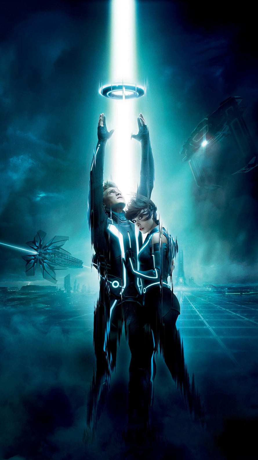 Tron Legacy Characters Reaching Toward Glowing Portal in Futuristic Digital Landscape HD phone wallpaper