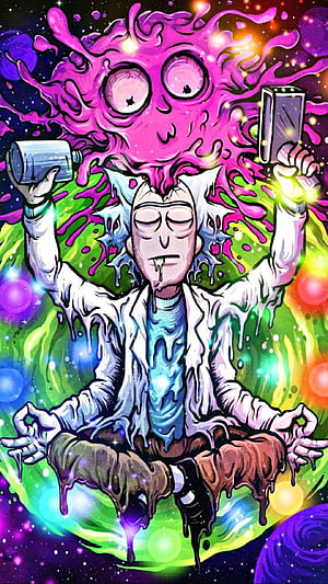 Rick Sanchez Meditating with Cosmic Energy and Portal Gun in Vibrant Psychedelic Style HD phone wallpaper