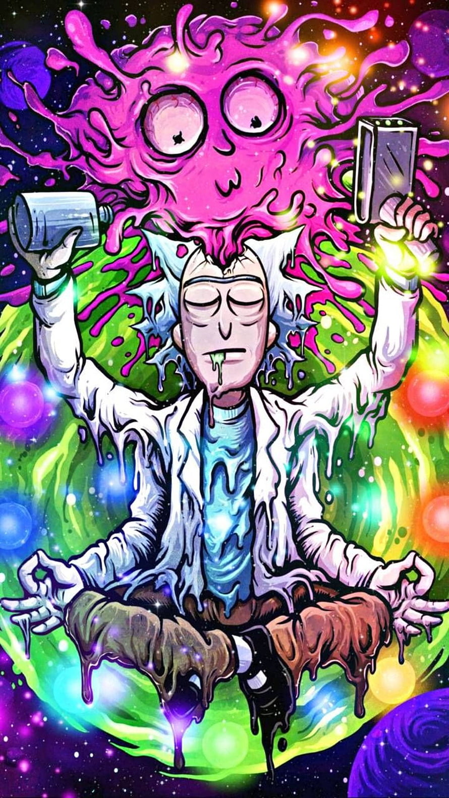 Rick Sanchez Meditating with Cosmic Energy and Portal Gun in Vibrant Psychedelic Style HD phone wallpaper