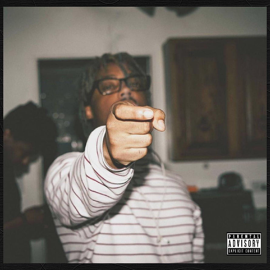 Juice Wrld Pointing Directly at Camera in Striped Shirt with Parental Advisory Label HD phone wallpaper