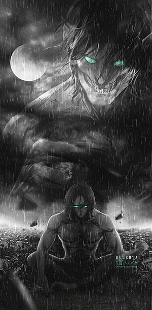 Eren Yeager Titan Transformation in Rainy Night with Glowing Green Eyes HD phone wallpaper