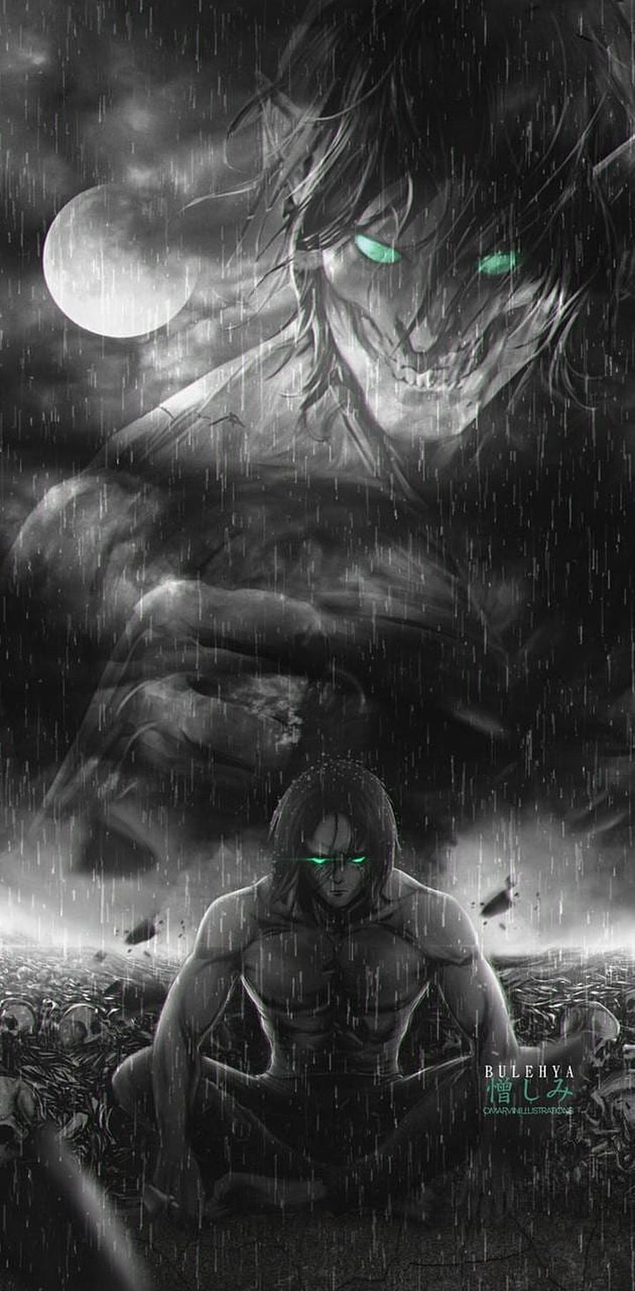 Eren Yeager Titan Transformation in Rainy Night with Glowing Green Eyes HD phone wallpaper