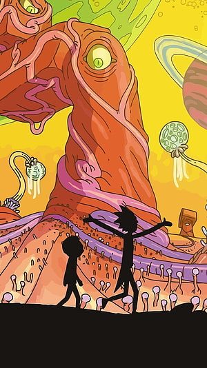 Psychedelic Cartoon Illustration of Silhouetted Figures Before a Giant Alien Creature HD phone wallpaper