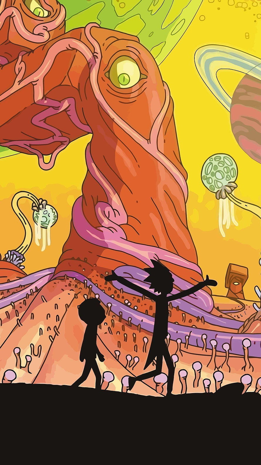 Psychedelic Cartoon Illustration of Silhouetted Figures Before a Giant Alien Creature HD phone wallpaper