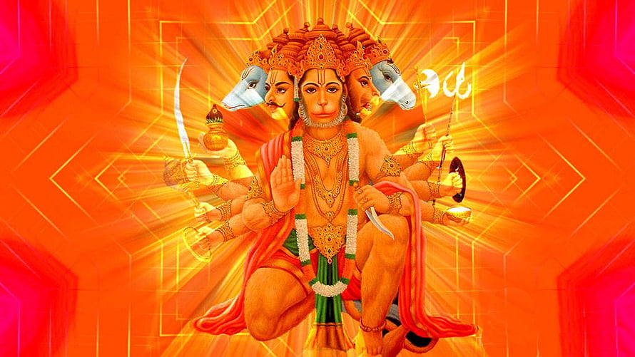 Multi-Headed Hanuman Deity Illustration with Radiant Orange Background and Sacred Symbols HD wallpaper
