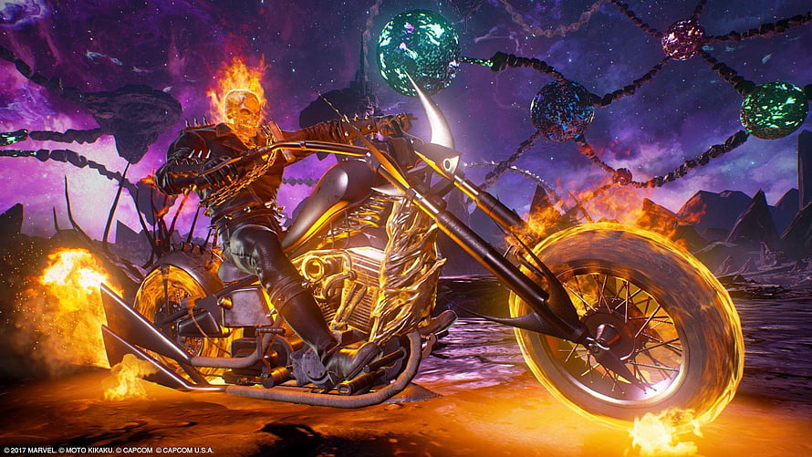 Ghost Rider on a flaming motorcycle in a cosmic purple landscape with floating orbs and fiery wheels HD wallpaper