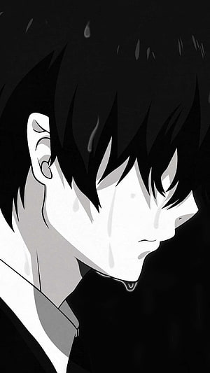 Monochrome Anime Character Profile with Tears and Dark Hair HD phone wallpaper