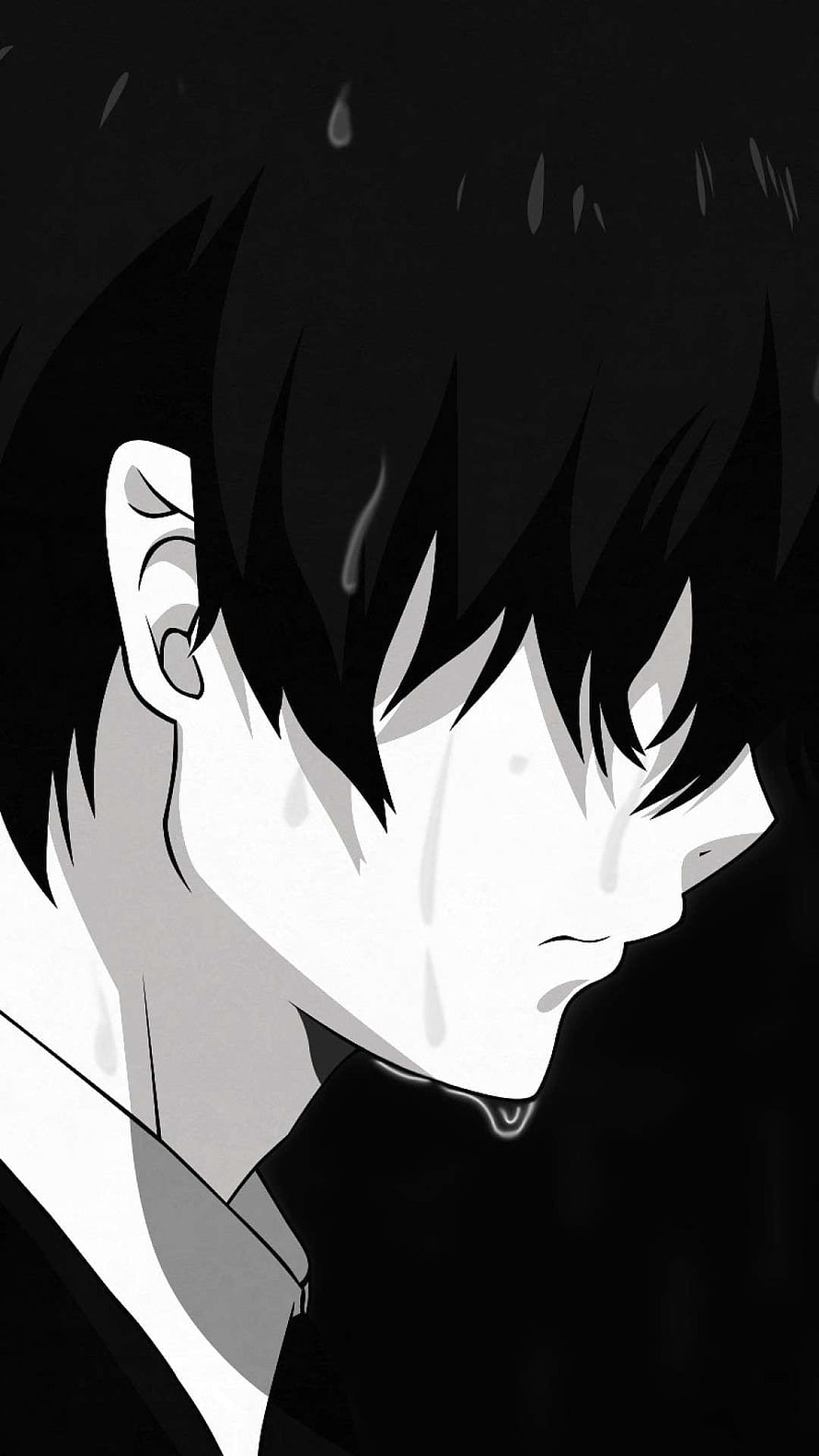 Monochrome Anime Character Profile with Tears and Dark Hair HD phone wallpaper