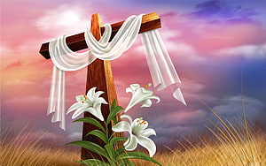 Empty Wooden Cross With White Lilies And Draped Cloth Against A Pink Sunset Sky HD wallpaper