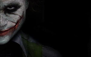 Joker Dark Portrait with Newspaper Texture Face and Green Suit HD wallpaper