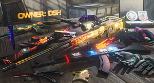 CSGO Weapon Skin Collection Displayed on Wooden Table with Neon Sign HD wallpaper