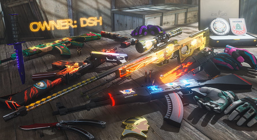 CSGO Weapon Skin Collection Displayed on Wooden Table with Neon Sign HD wallpaper