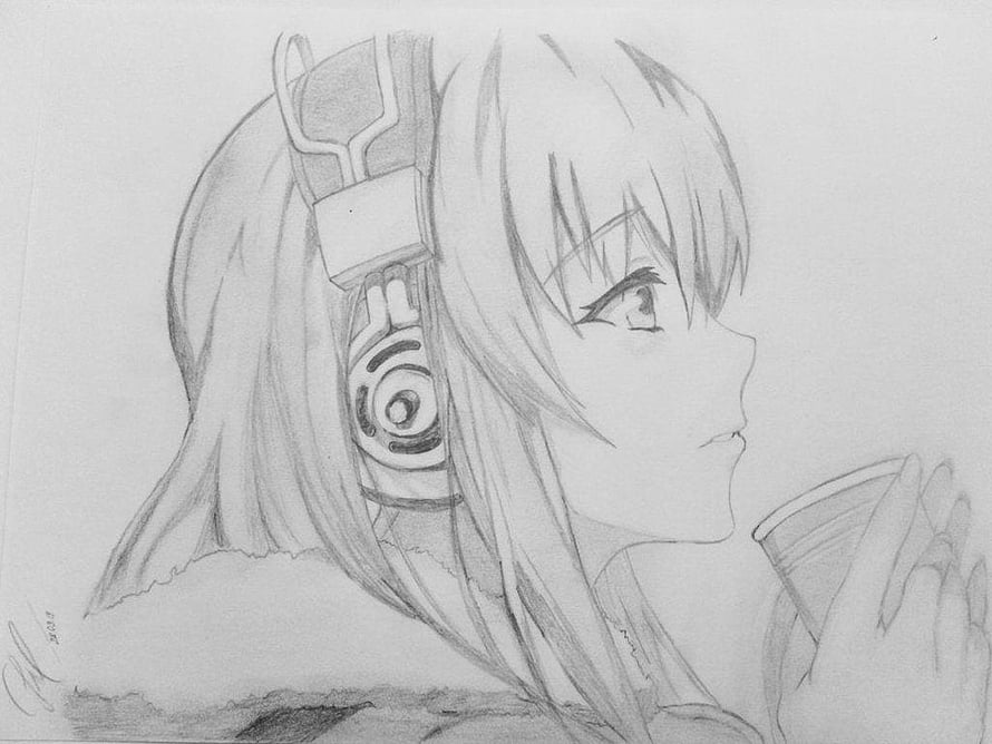 Pencil Sketch of Anime Girl with Headphones in Profile HD wallpaper