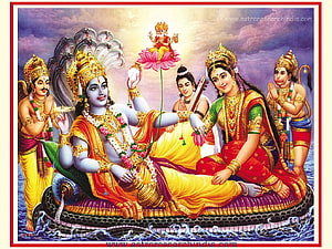 Lord Vishnu and Goddess Lakshmi with celestial attendants in traditional Indian art HD wallpaper