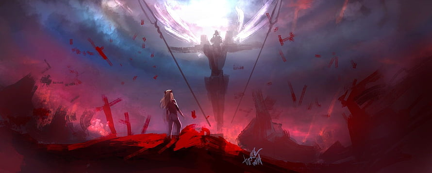 Neon Genesis Evangelion Concept Art: Asuka Langley Soryu and the Spear of Longinus HD wallpaper
