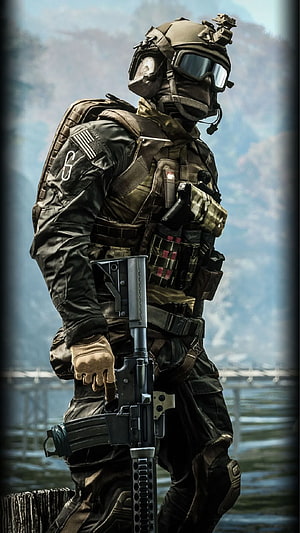 Tactical Soldier in Full Combat Gear Holding Assault Rifle by Waterfront HD phone wallpaper