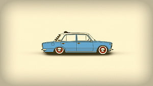 Minimalist Blue Vintage Sedan Illustration with White Roof and Red Rims HD wallpaper