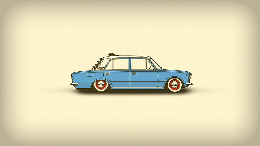 Minimalist Blue Vintage Sedan Illustration with White Roof and Red Rims HD wallpaper
