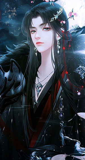 Elegant Chinese Anime Male Character in Dark Traditional Robes with Floral Hair Ornaments HD phone wallpaper
