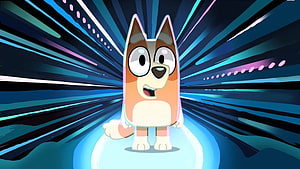 Bingo from Bluey in a Dynamic Speed Burst with Neon Blue and Purple Light Rays HD wallpaper