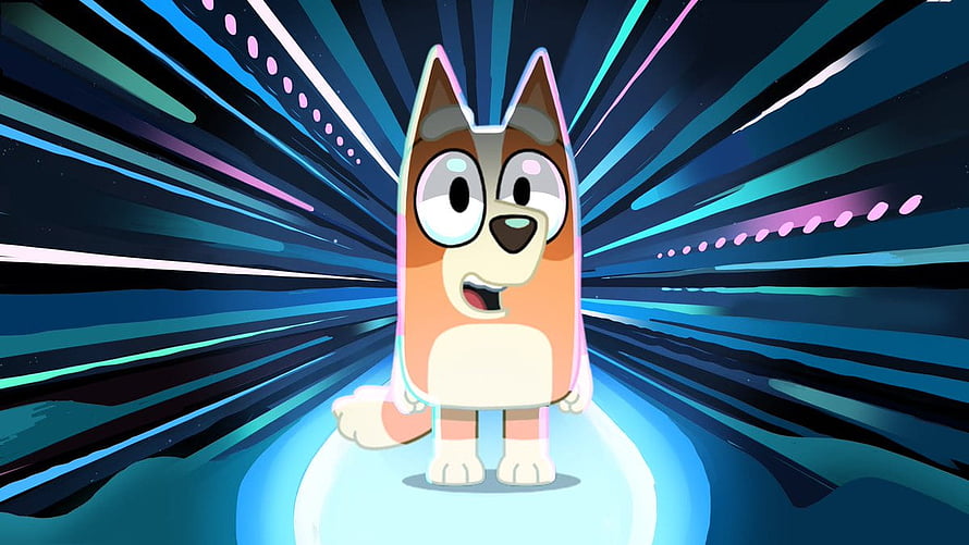 Bingo from Bluey in a Dynamic Speed Burst with Neon Blue and Purple Light Rays HD wallpaper
