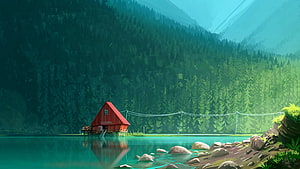 Red A-Frame Cabin on a Turquoise Lake Surrounded by Dense Pine Forest and Misty Mountains HD wallpaper