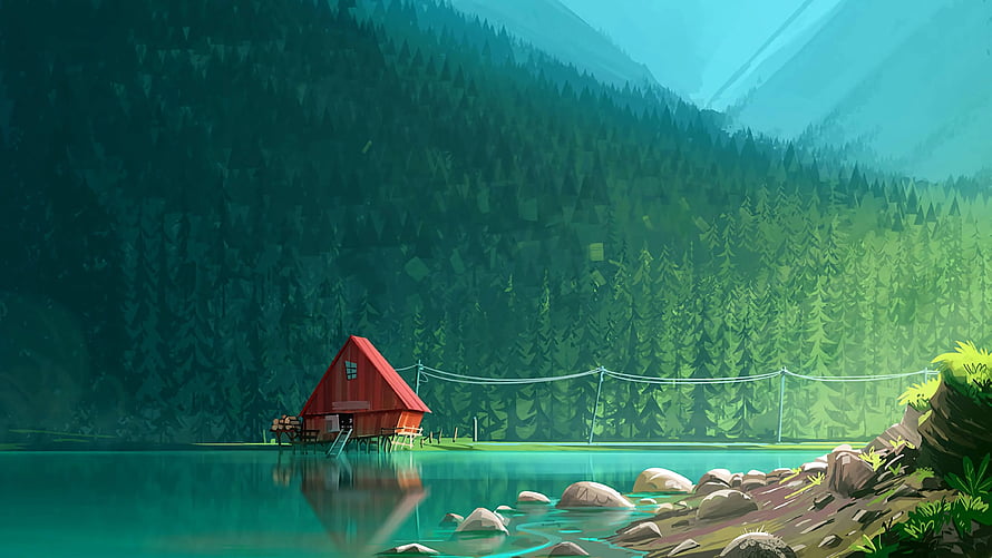 Red A-Frame Cabin on a Turquoise Lake Surrounded by Dense Pine Forest and Misty Mountains HD wallpaper