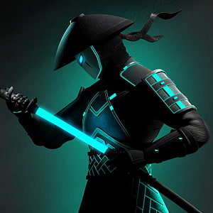 Shadow Fight 3 Cyber Samurai Warrior Wielding Glowing Neon Katana in Dark Armor HD phone wallpaper