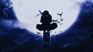 Itachi Uchiha Silhouette Perched in Stormy Rain with Crows and Lightning HD wallpaper
