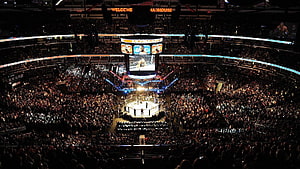 UFC Octagon Arena with Massive Crowd and Central Jumbotron Display HD wallpaper