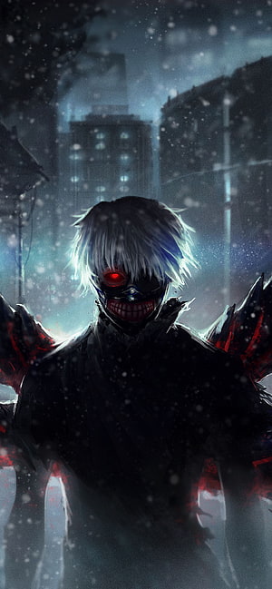 Dark Anime Villain with Glowing Red Eyes and Spiked Armor in Snowy City HD phone wallpaper
