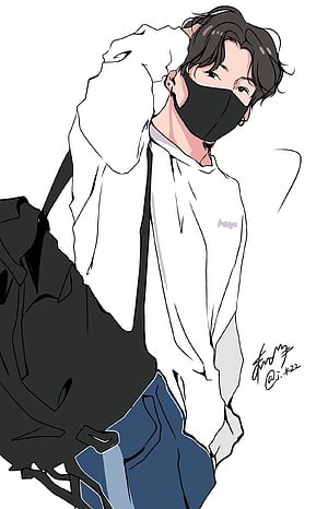 Jungkook BTS Anime Illustration Wearing Black Face Mask and White Hoodie HD phone wallpaper