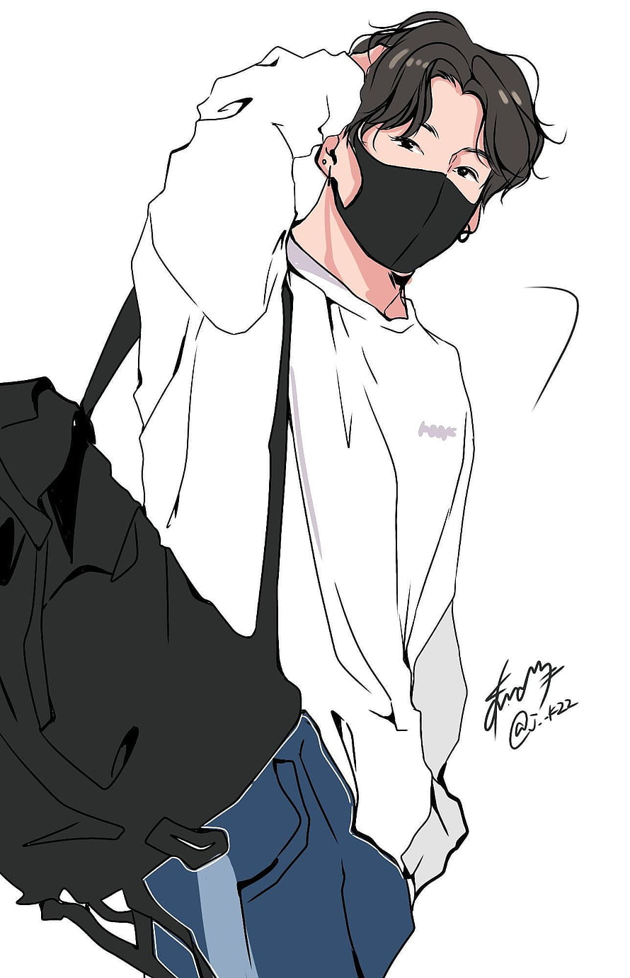 Jungkook BTS Anime Illustration Wearing Black Face Mask and White Hoodie HD phone wallpaper