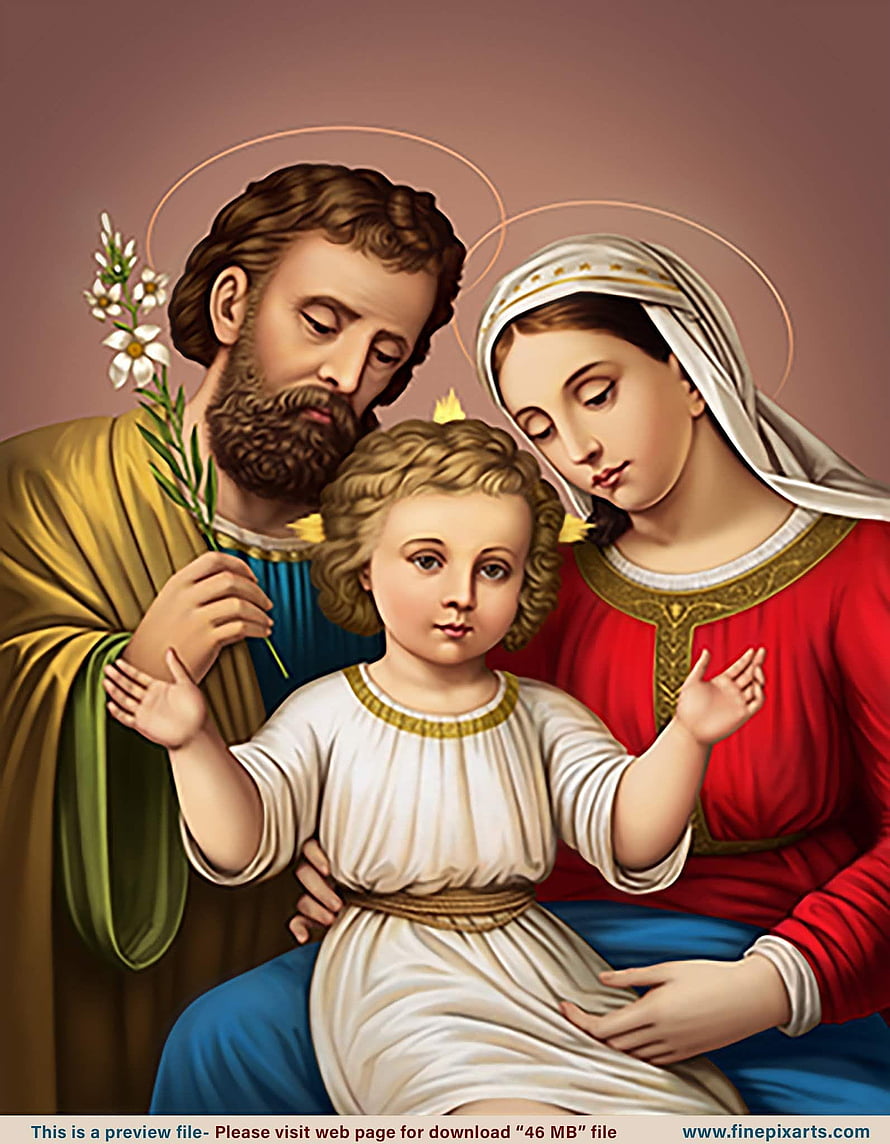 Holy Family Religious Painting with Halos and White Flowers HD phone wallpaper