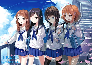 Four Anime Girls in School Uniforms Walking Together Under Cherry Blossoms HD wallpaper