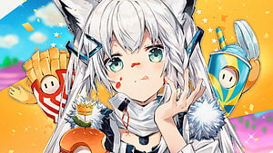Shirakami Fubuki Anime Character with Food Mascots and Festive Background HD wallpaper