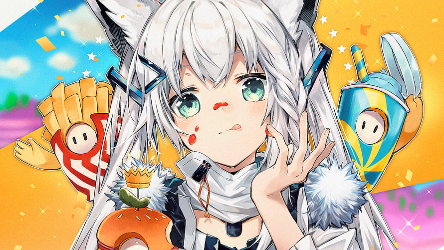 Shirakami Fubuki Anime Character with Food Mascots and Festive Background HD wallpaper