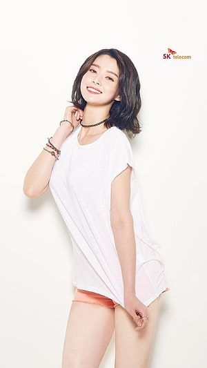 Kwon Nara in White T-Shirt and Orange Shorts for SK Telecom Campaign HD phone wallpaper