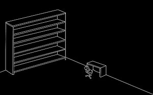 Minimalist Isometric Office Room with Bookshelf and Desk on Black Background HD wallpaper