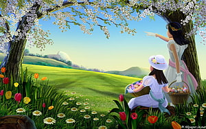 Two Women in White Dresses with Easter Baskets Under a Blossoming Tree in a Spring Meadow HD wallpaper