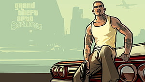 CJ from Grand Theft Auto San Andreas Sitting on a Red Car in Comic Style HD wallpaper